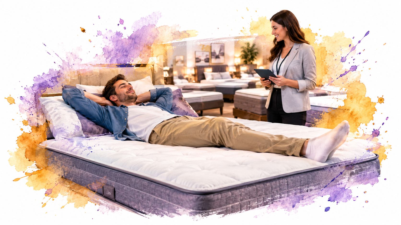 A smiling man testing a comfortable mattress in a store while a professional sales consultant assists him.