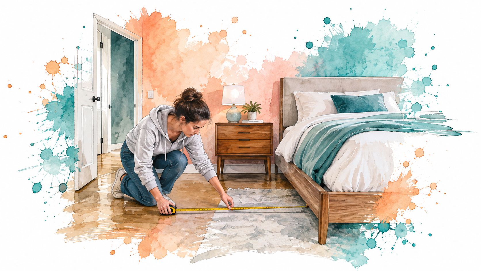 A woman kneeling on the floor measuring the space under a wooden bed frame with a tape measure.
