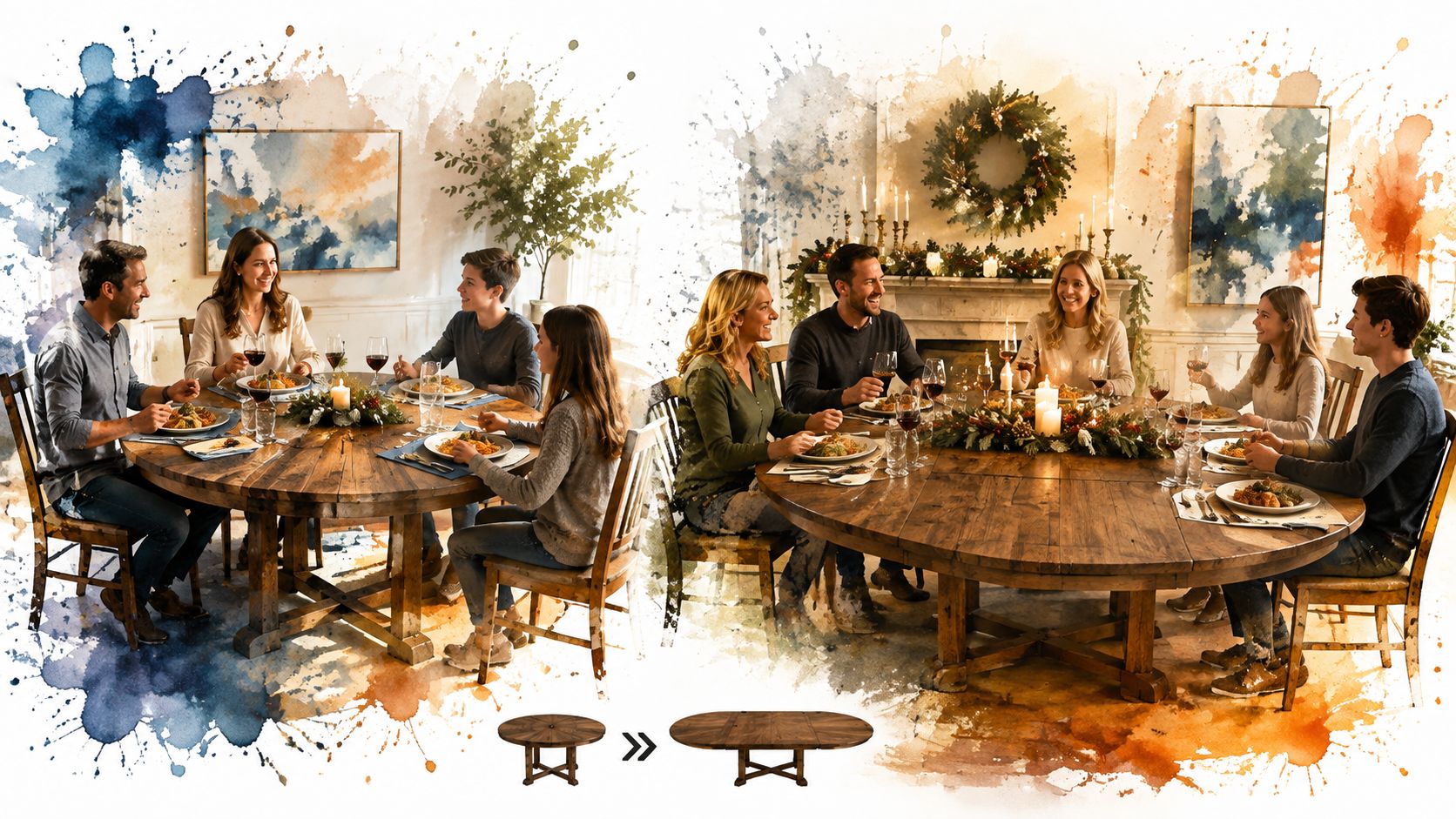A family enjoying a holiday meal at a round dining table that transforms into an oval extension table.