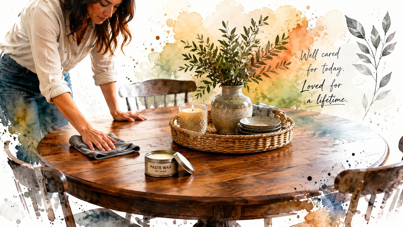 A woman polishing a rustic wooden round dining table with paste wax in a cozy home setting.