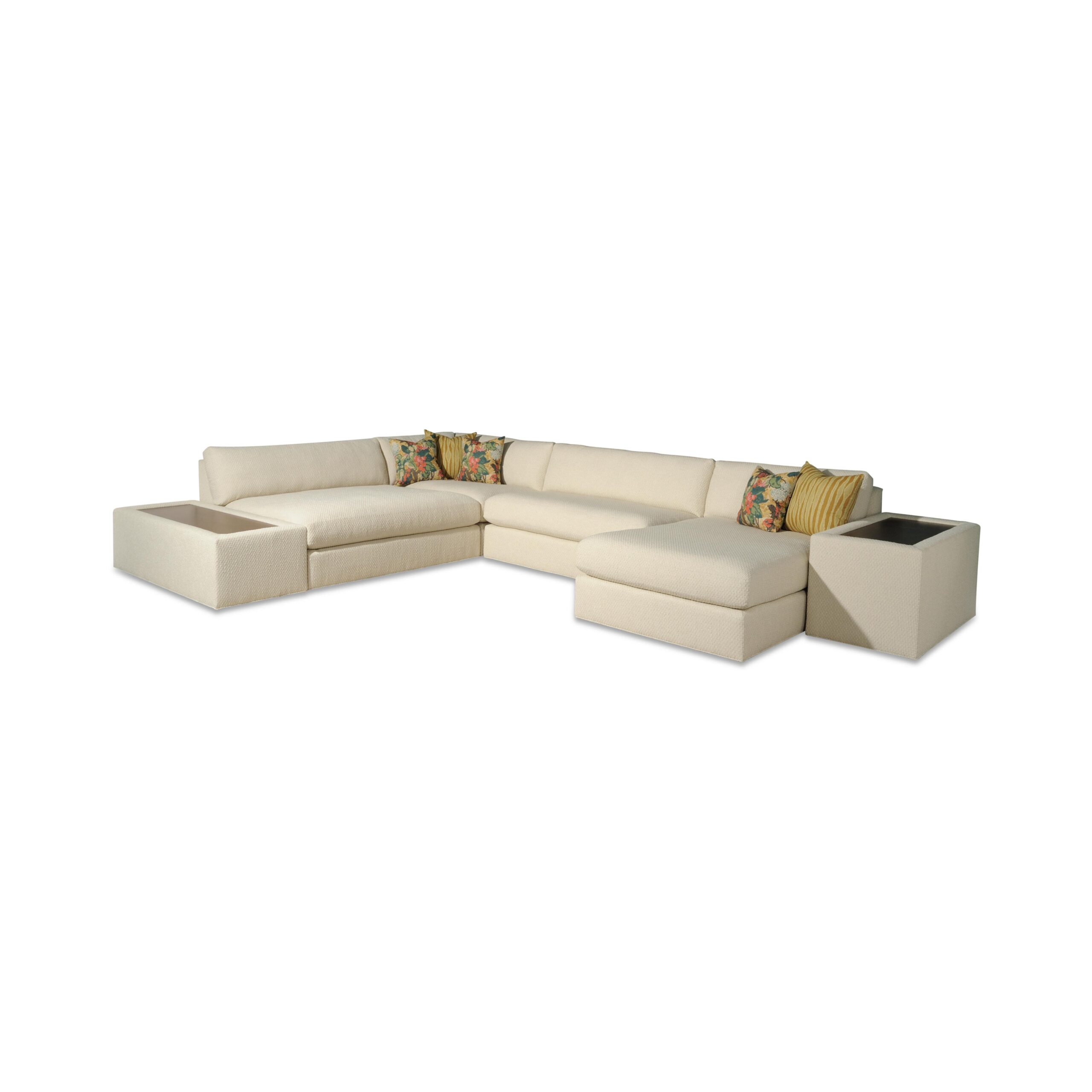 sausalito sectional Large off-white U-shaped sectional sofa with integrated side tables.
