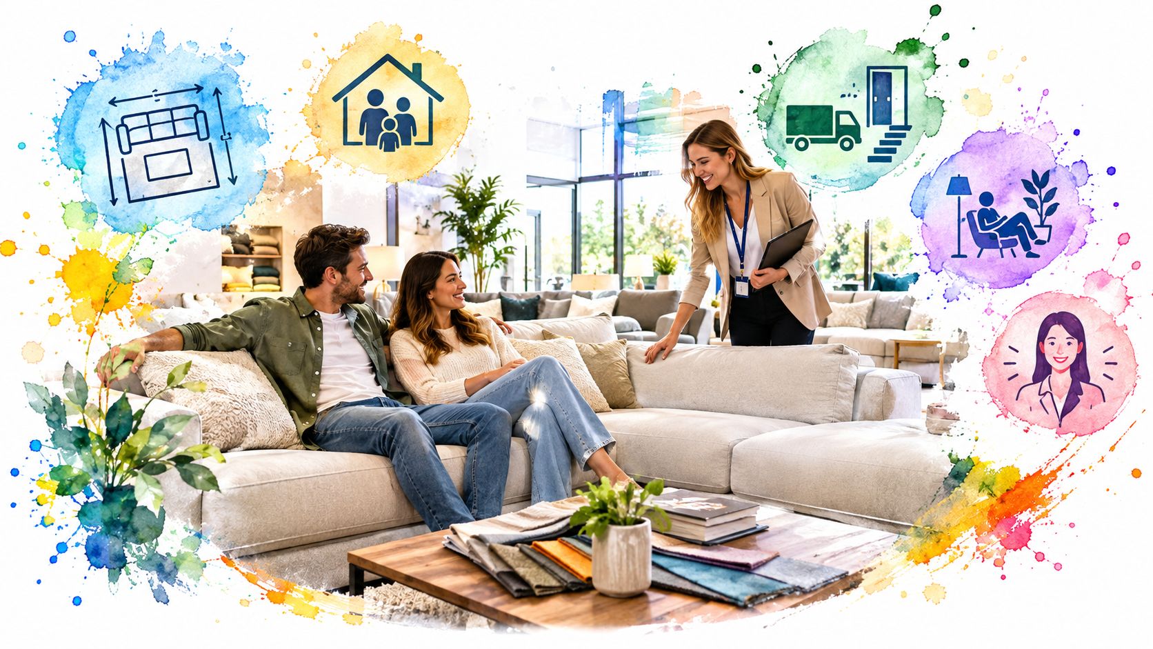 A couple sitting on a large sectional sofa in a furniture store consulting with a sales associate.