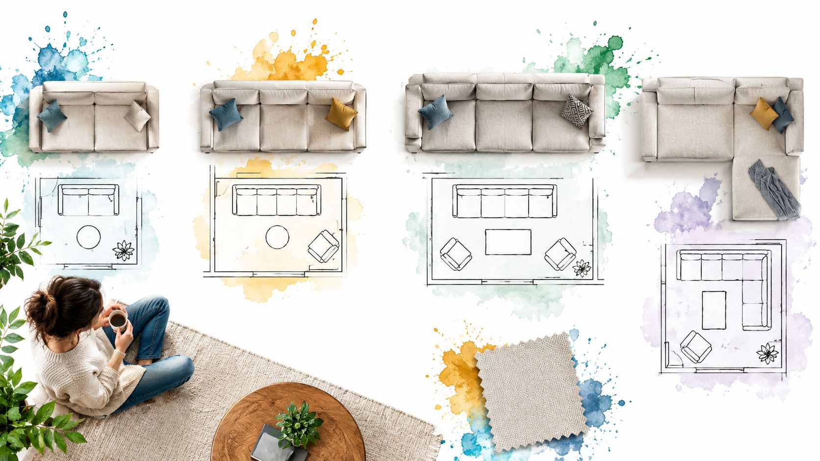 Top view of a woman with a coffee cup beside furniture design sketches and sofa options
