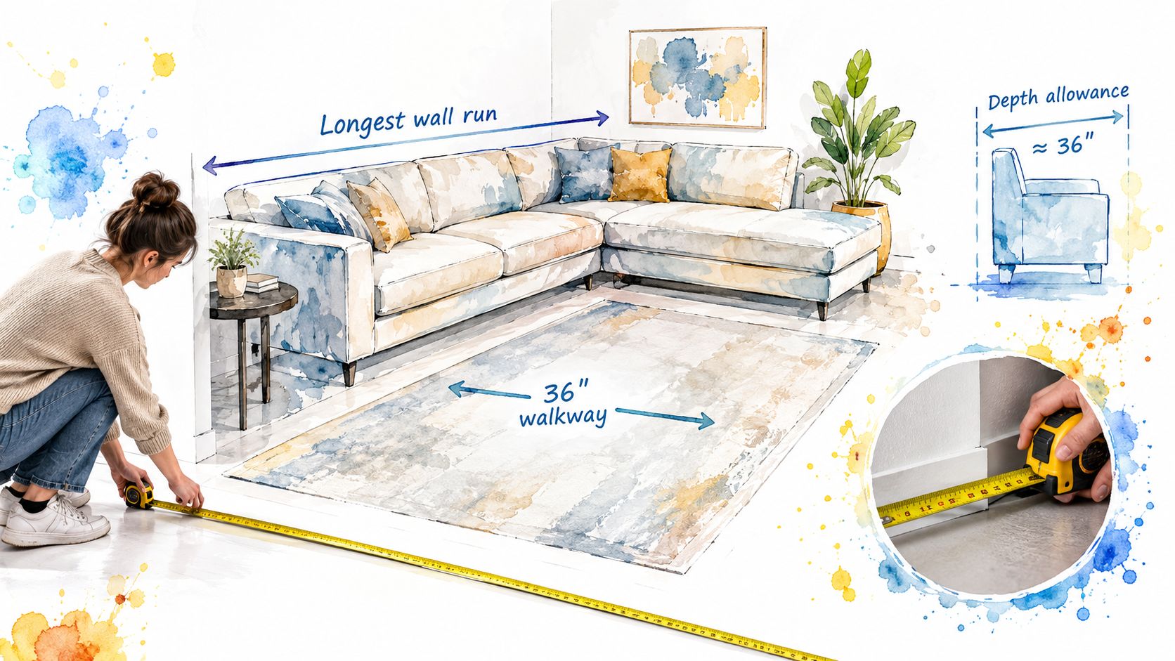 A woman uses a tape measure to determine the dimensions of a room for sectional sofa placement.
