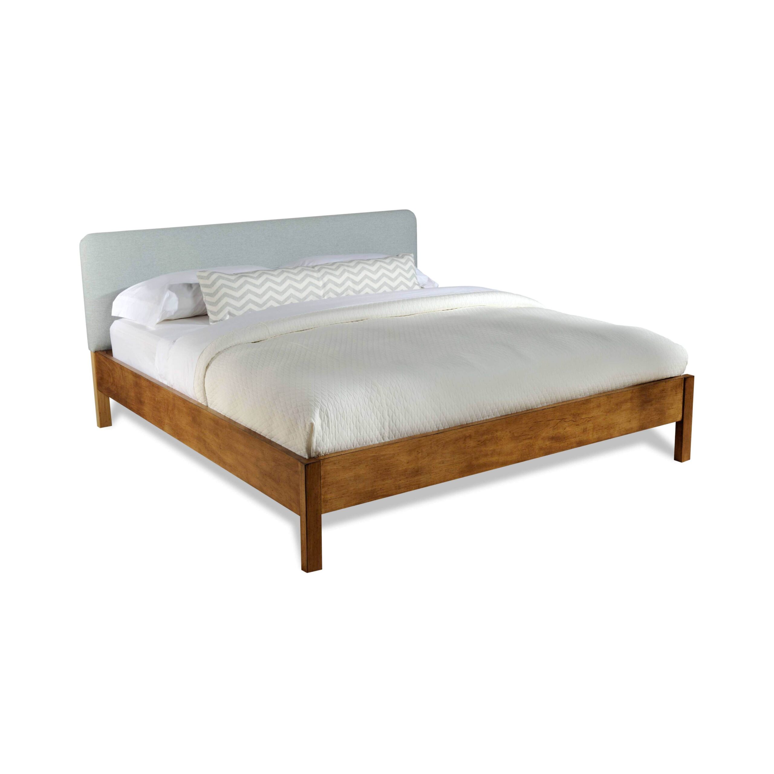 serenity king bed Modern wooden bed frame with light gray upholstered headboard.