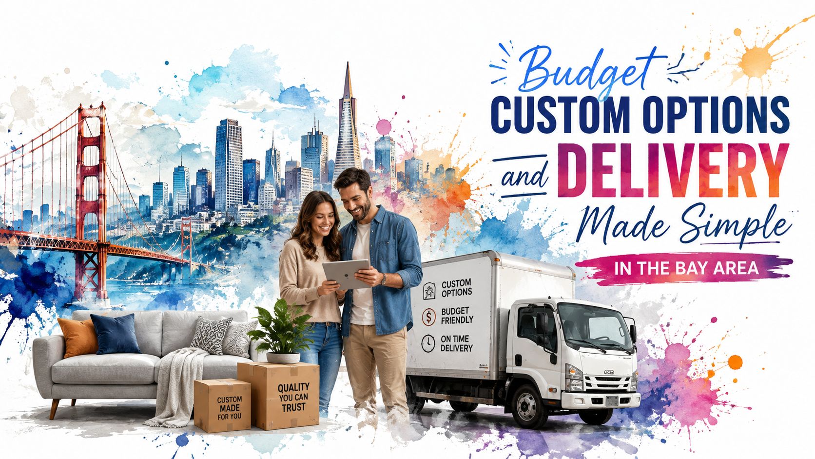 A happy couple standing by a modern sofa and moving boxes with a San Francisco delivery truck.