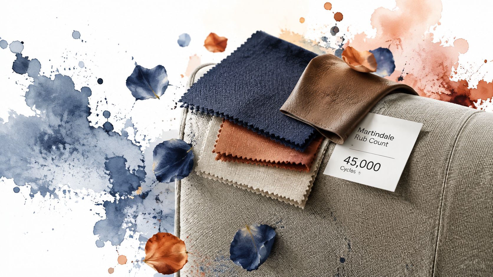 Fabric swatches in blue, orange, and beige with a brown leather piece sitting on a modern sofa.