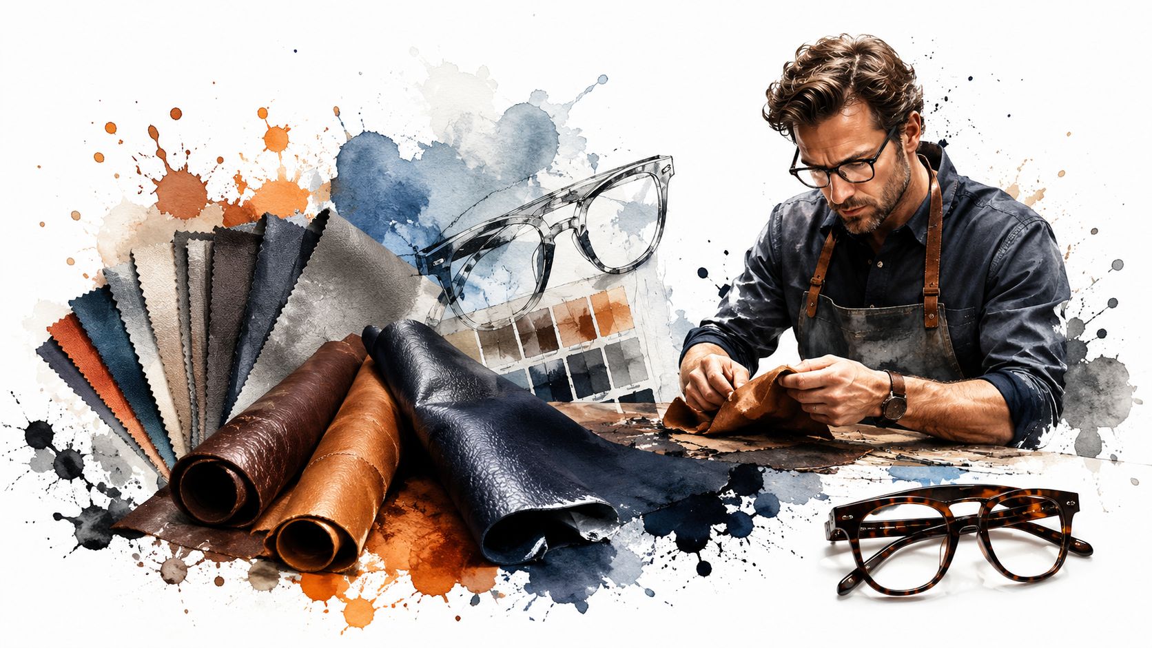 A craftsman working on leather upholstery materials near a display of fabric swatches and eyeglasses.