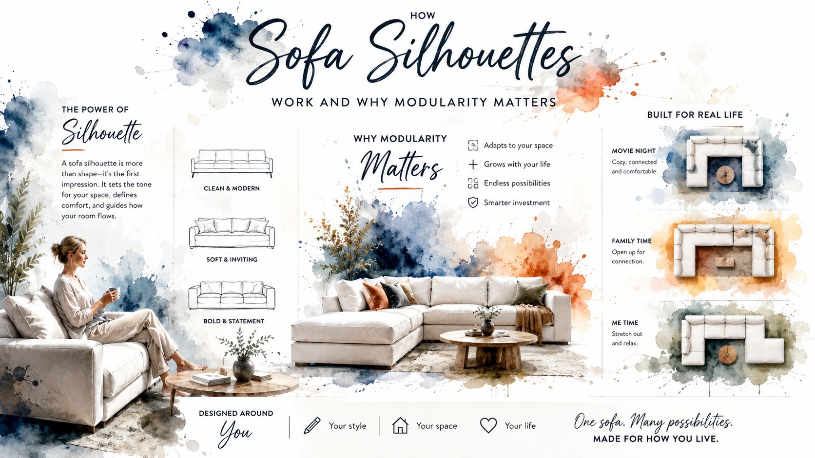 An infographic showing various sofa silhouette styles, benefits of modular furniture, and custom living room layouts.