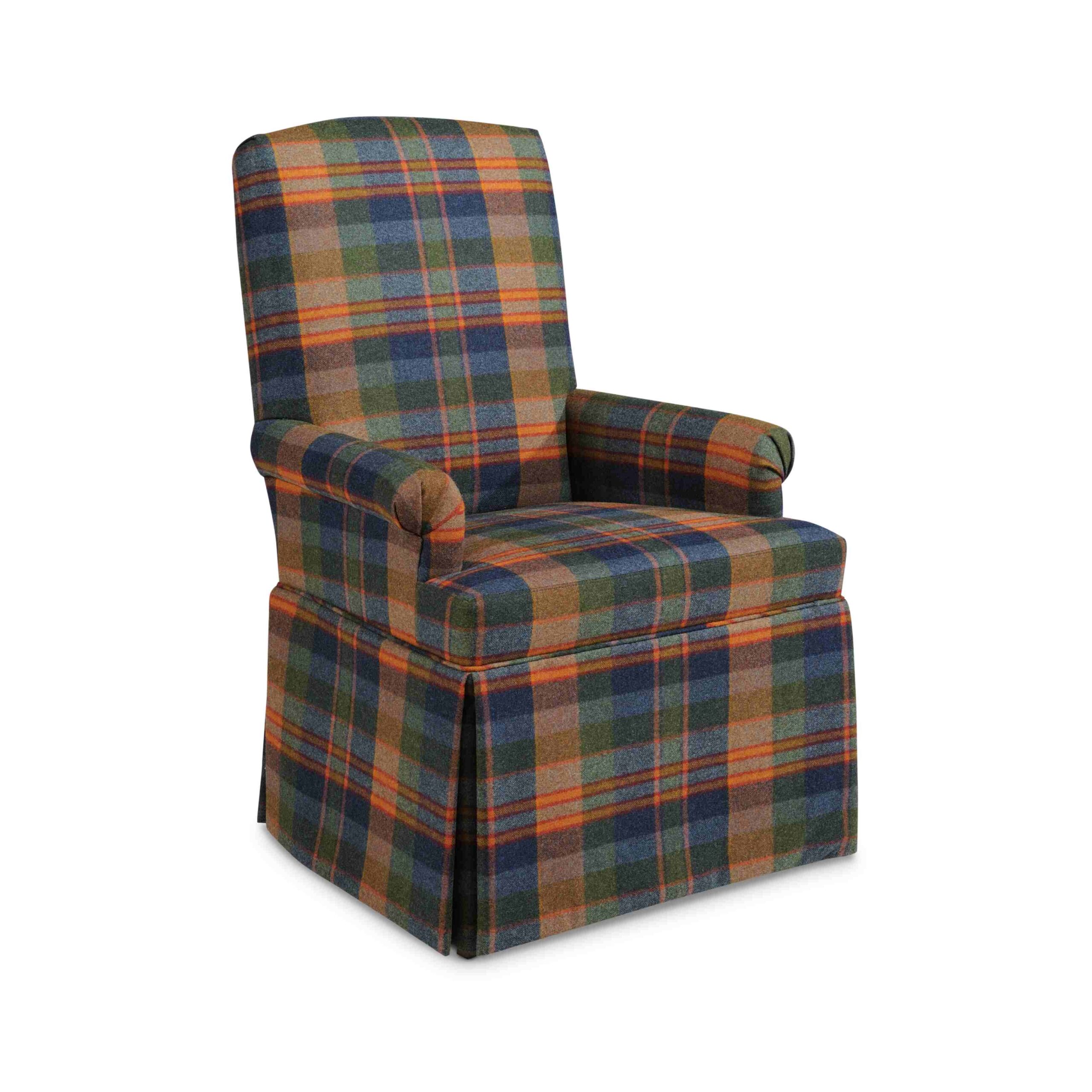 taylor made dining chair Upholstered armchair featuring a colorful multi-toned plaid fabric.