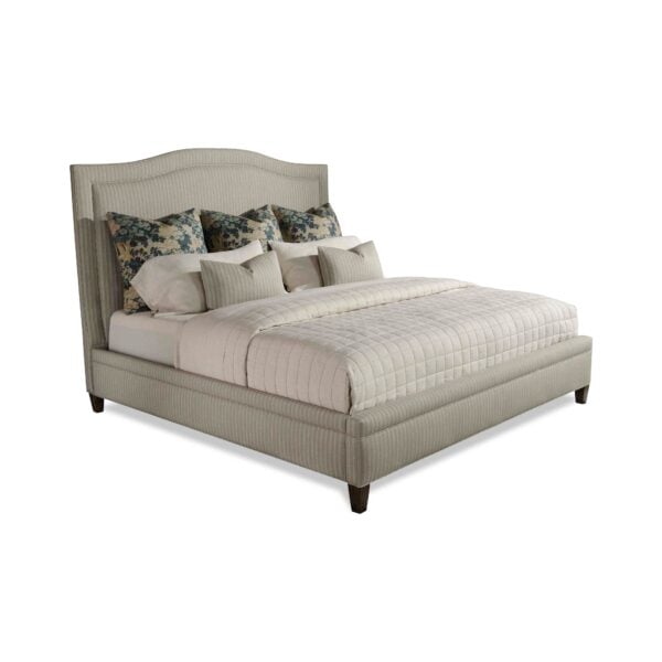 Elegant pinstriped upholstered bed with a curved headboard.