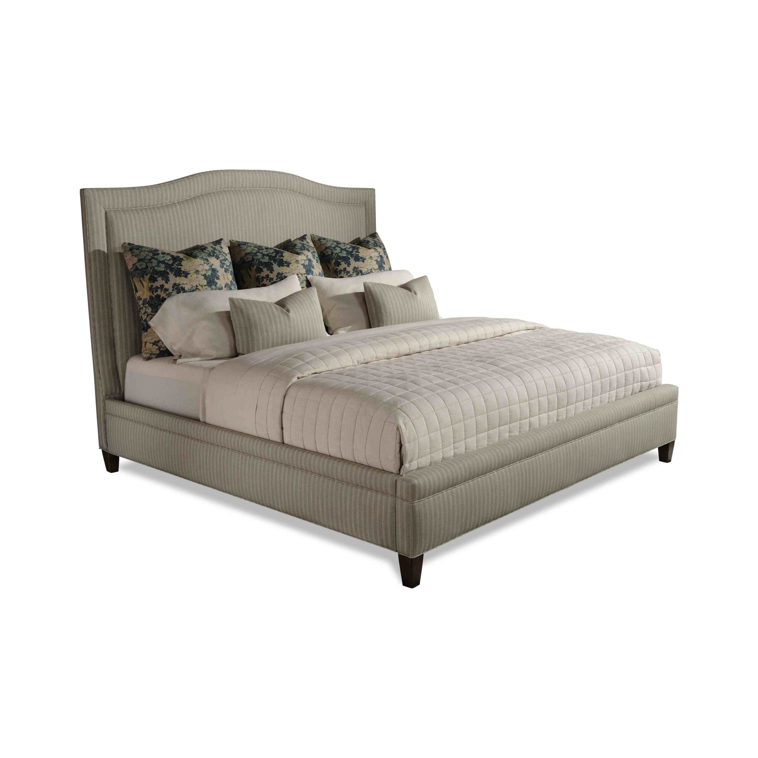 taylor made king bed arched Elegant pinstriped upholstered bed with a curved headboard.