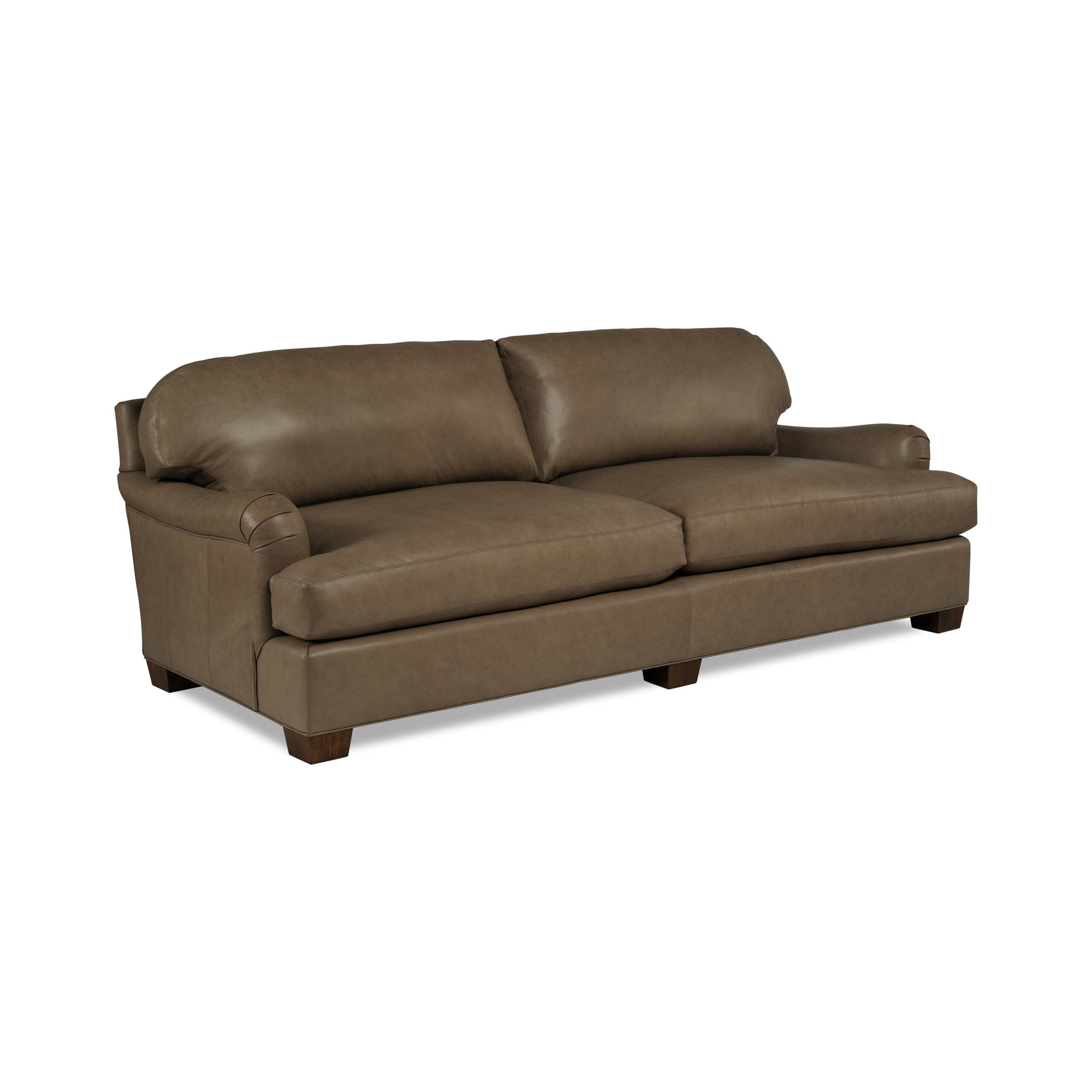 taylor made leather urban sofa A classic brown leather two-cushion sofa with wooden feet.