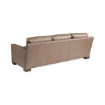 Back view of a taupe leather three-seater sofa.