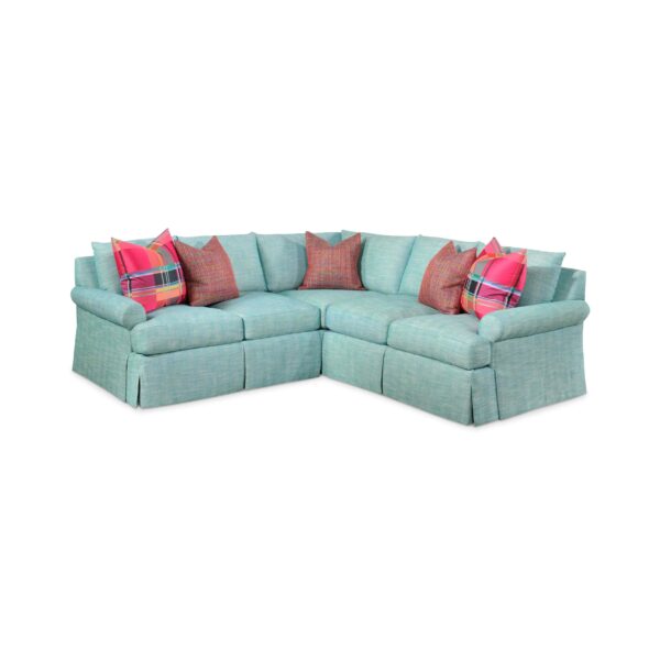 Light blue l-shaped sectional sofa with colorful accent pillows.