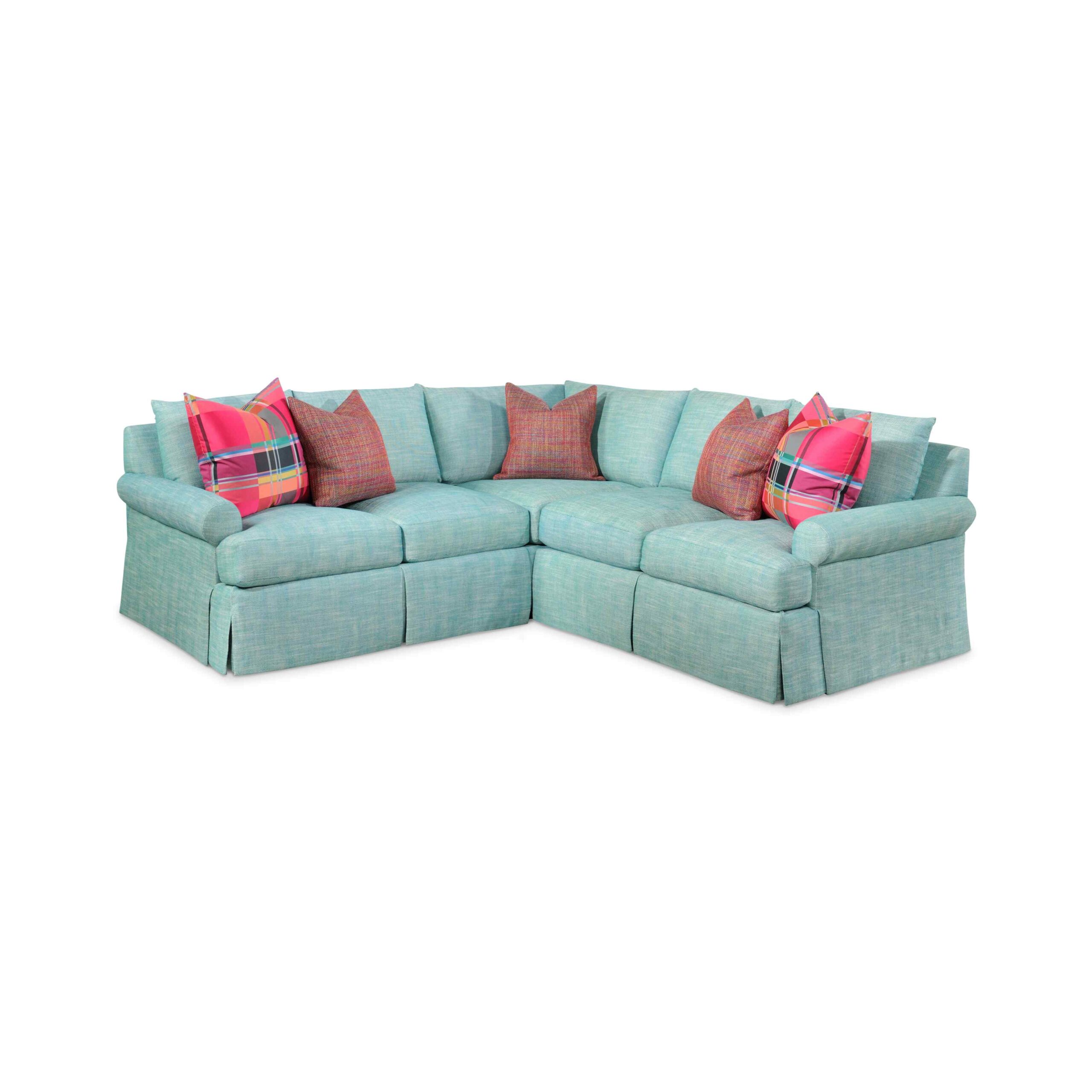 taylor made plush sectional Light blue l-shaped sectional sofa with colorful accent pillows.
