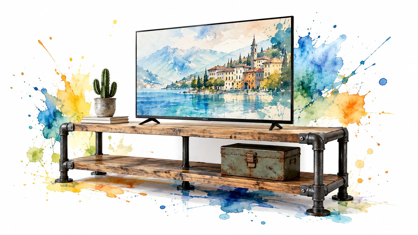 A rustic industrial TV stand with metal pipes and wood planks displayed against an artistic watercolor background.
