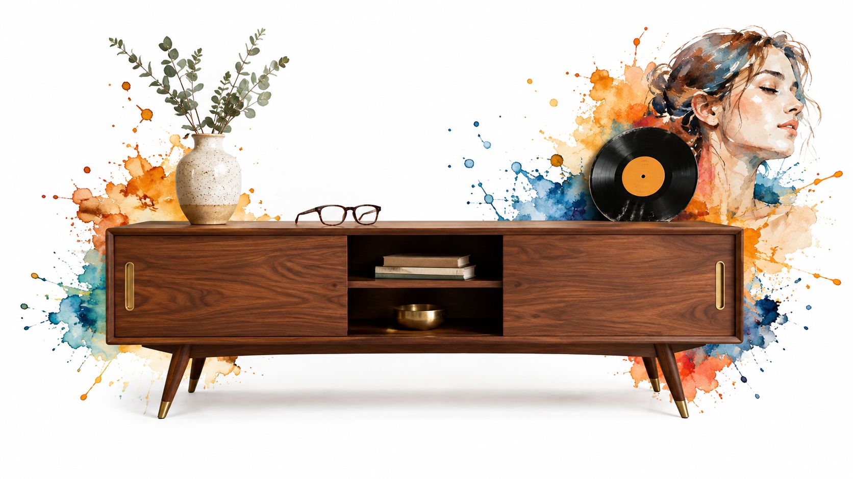 A modern wooden media console featuring an abstract watercolor art background with a decorative vase and record.