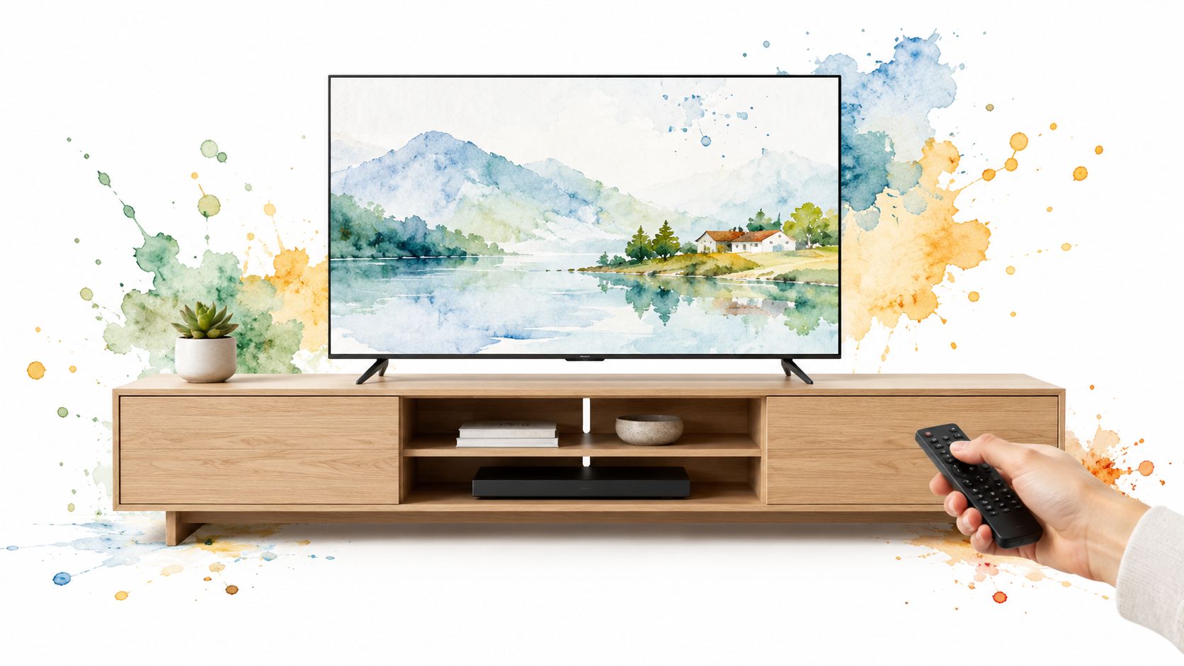 A modern wooden TV stand with a television showing a watercolor landscape, featuring a hand holding a remote.