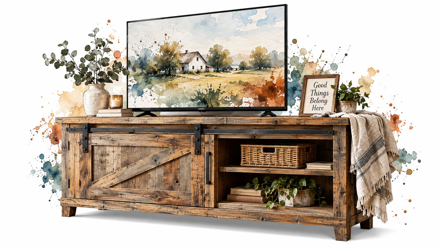 A rustic wooden TV stand with sliding barn doors, featuring a watercolor farmhouse painting displayed on the television.