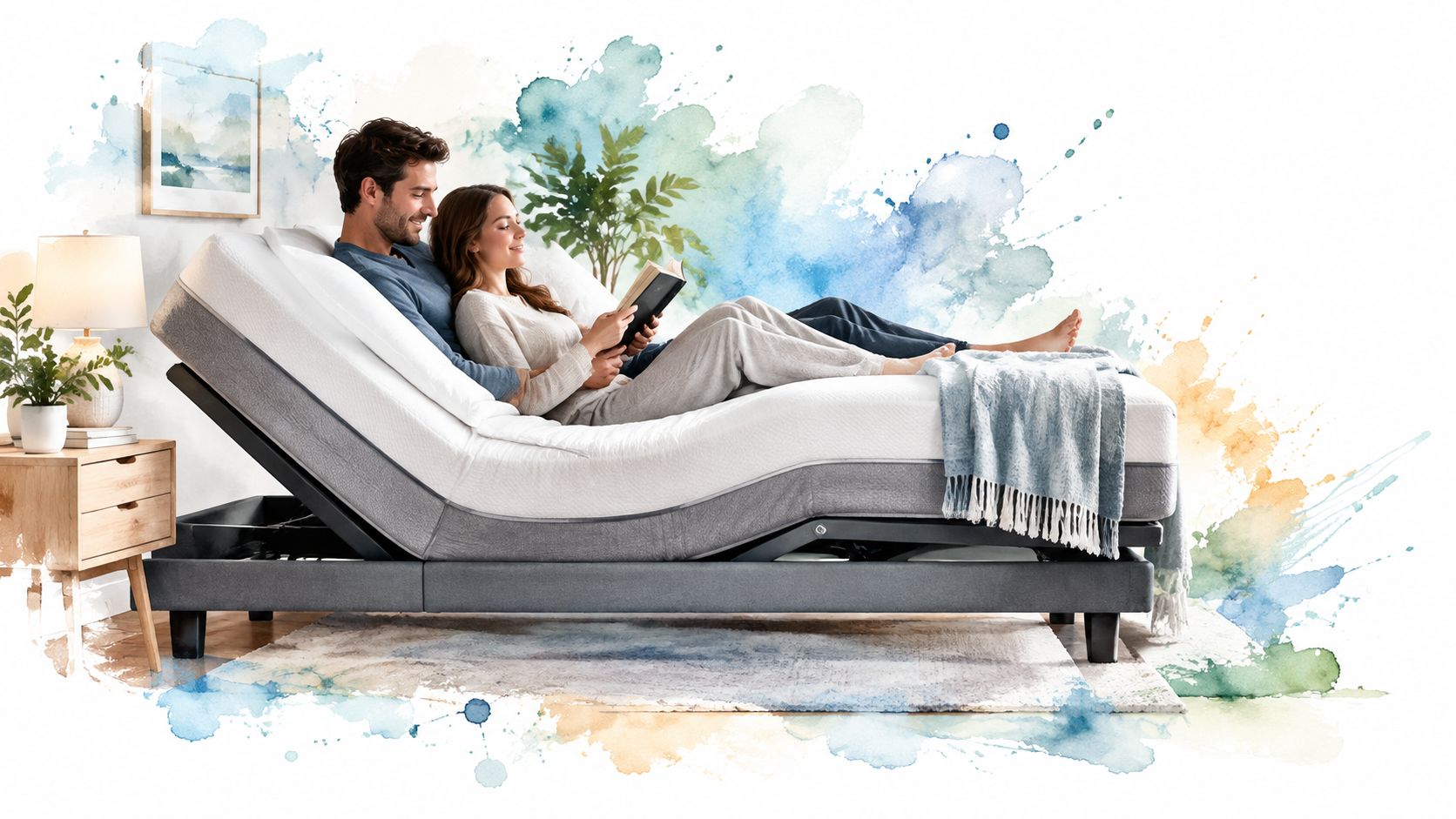 A happy couple sitting in bed reading a book on an adjustable base mattress frame.