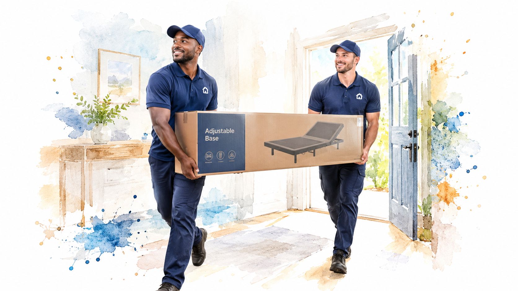 Two delivery men carrying a large cardboard box containing a new adjustable base into a house.