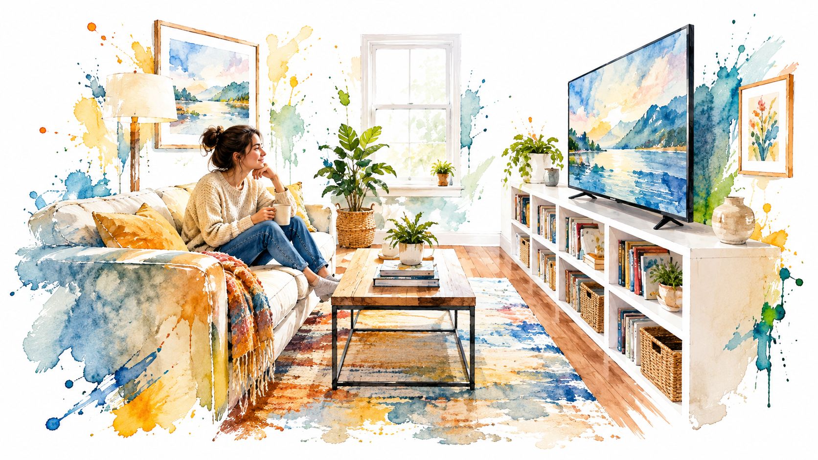 A woman relaxes on a sofa in a bright living room featuring a white low bookcase and watercolor art.
