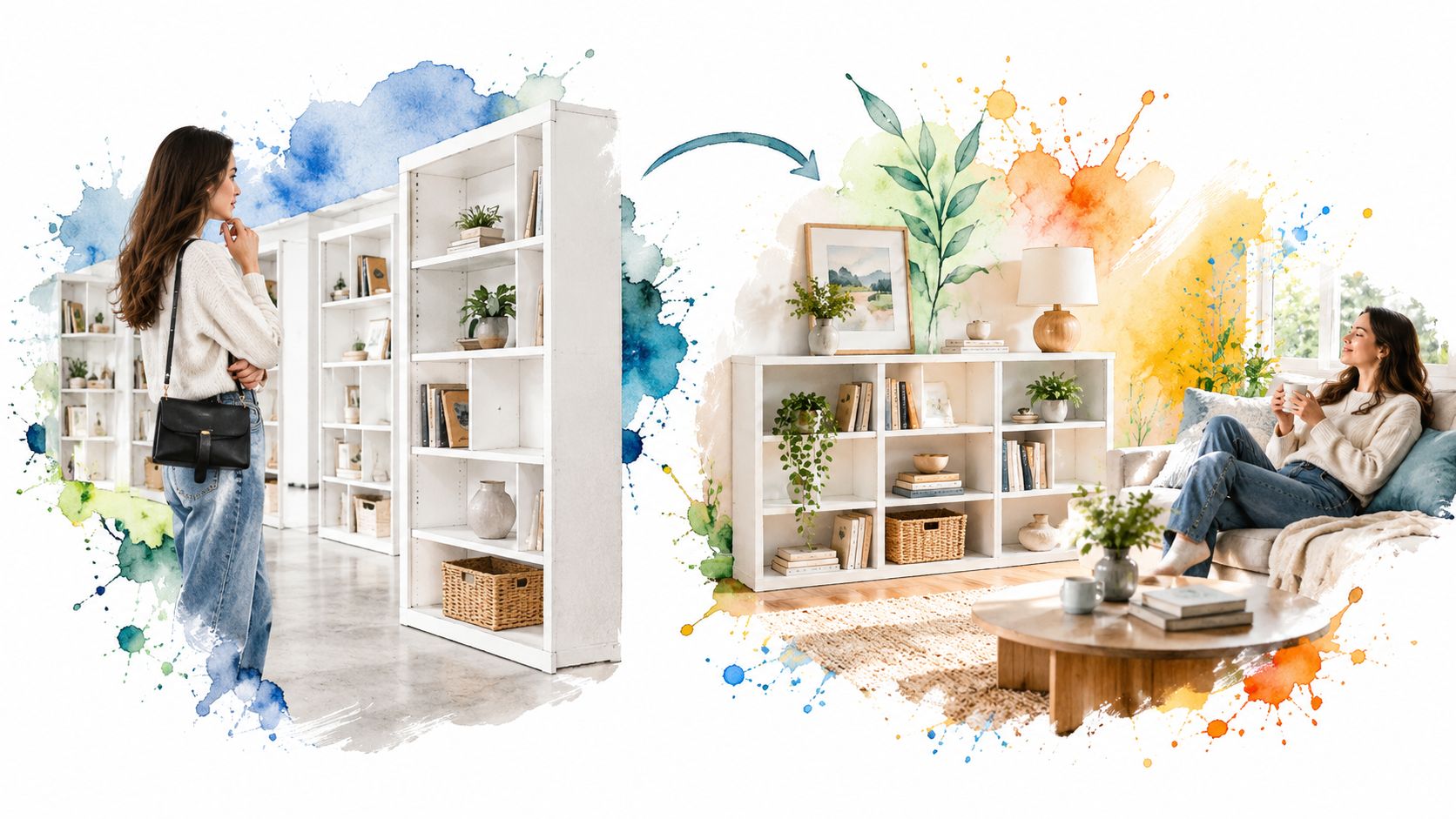 A split composition showing a woman looking at tall white bookcases and then relaxing in a cozy living room.