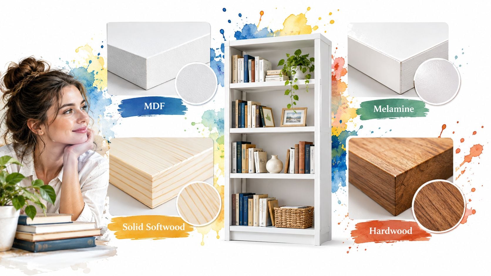 A white low bookcase is displayed alongside various wood material samples including MDF, melamine, softwood, and hardwood.