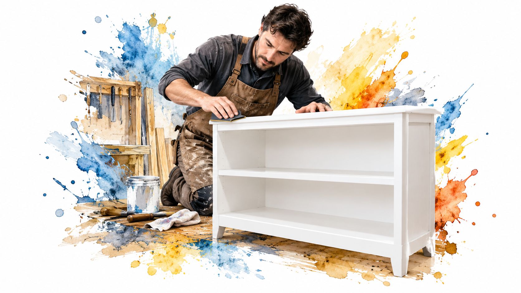 A professional craftsman in an apron sanding a white low bookcase in a creative studio setting.