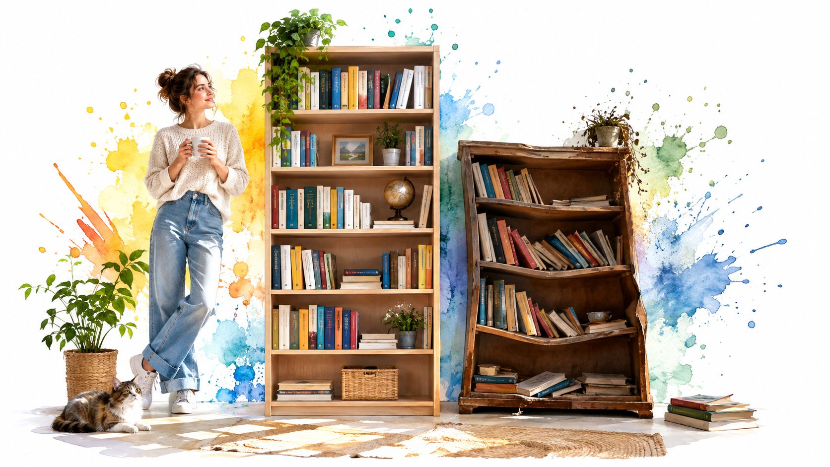 A young woman stands beside two wooden bookshelves filled with books, accompanied by a cat and potted plants.