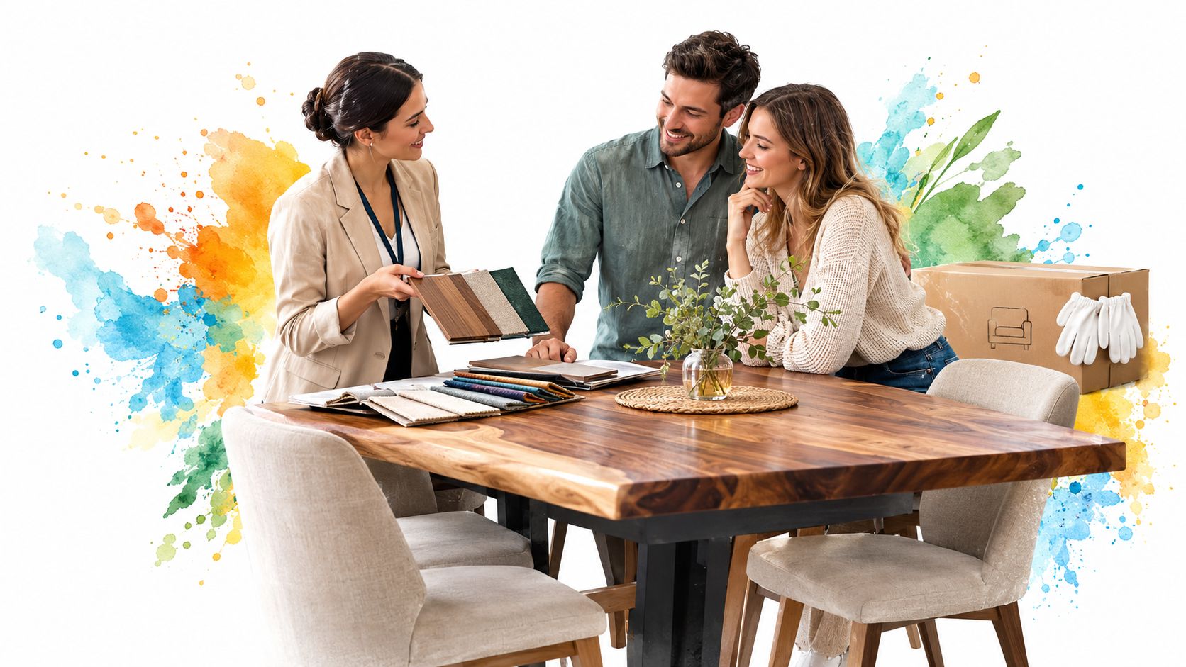 A professional interior designer shows material samples to a couple at a modern wooden dining table.