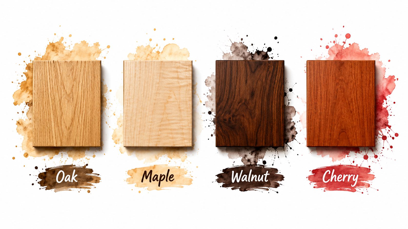 Four wooden blocks showing different natural wood grains labelled Oak, Maple, Walnut, and Cherry on white.