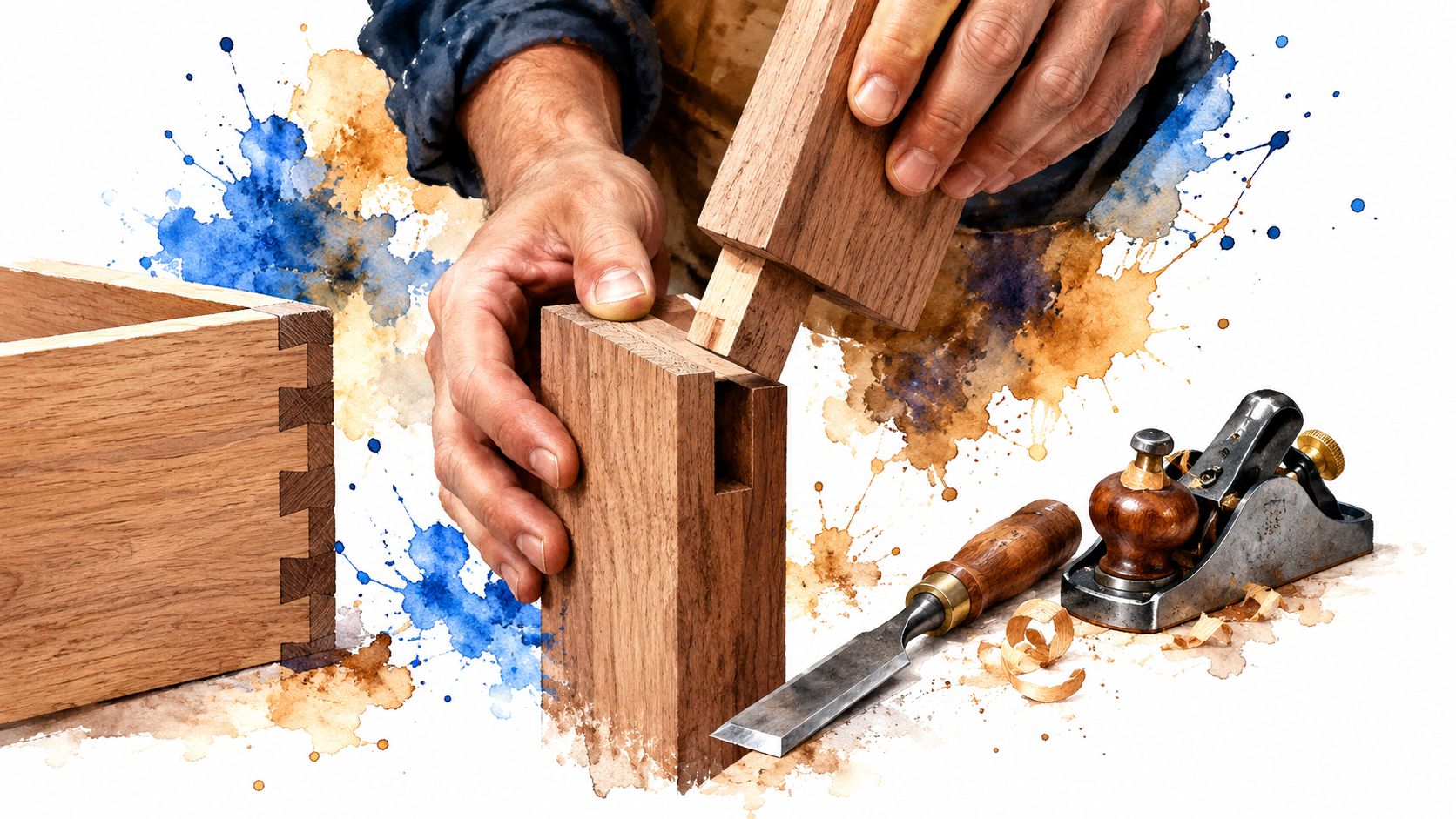 A skilled woodworker crafting a traditional mortise and tenon joint by hand with professional woodworking tools.