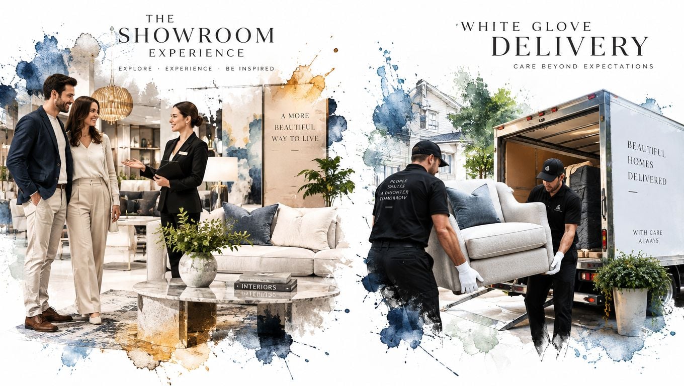 A split-screen view showing a furniture showroom interior and delivery personnel unloading a chair from a truck.