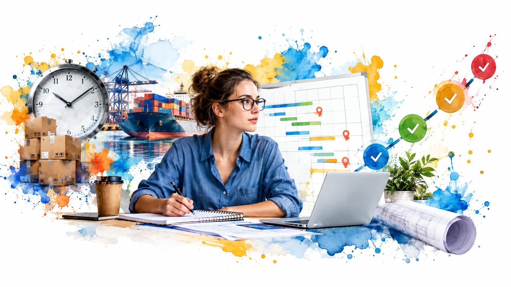 A professional woman planning logistics and shipping schedules at a desk with charts and cargo imagery.