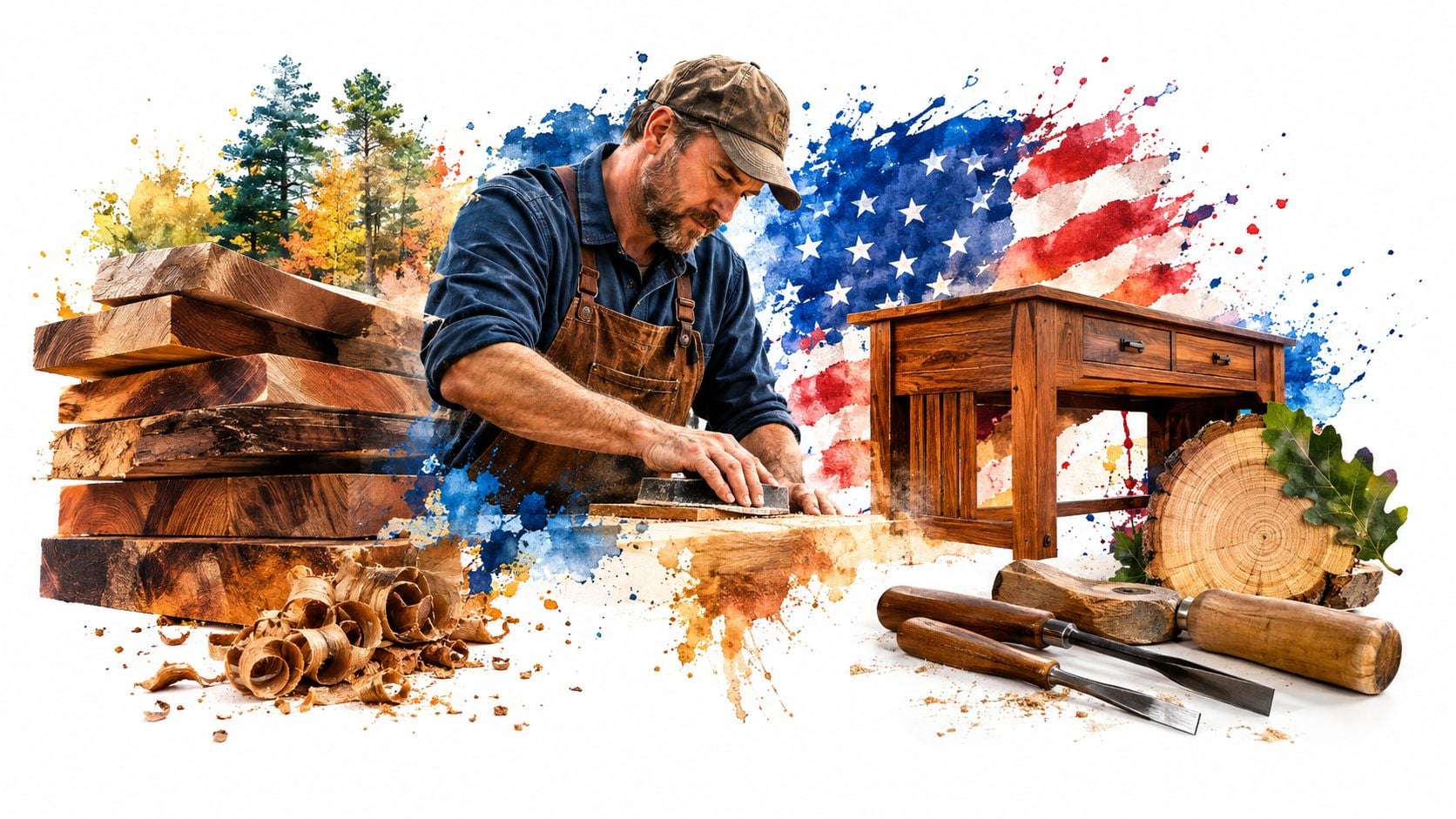 An American woodworker meticulously crafting custom wooden furniture in a studio with American flag backdrop.