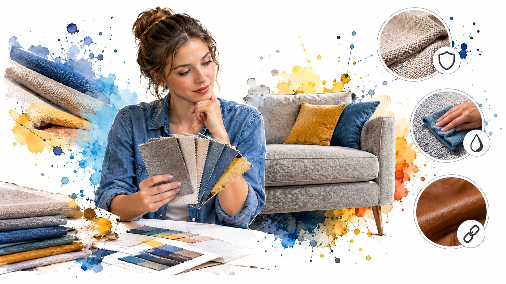 A woman choosing upholstery fabric samples for a grey sofa with decorative cushions in a design studio.