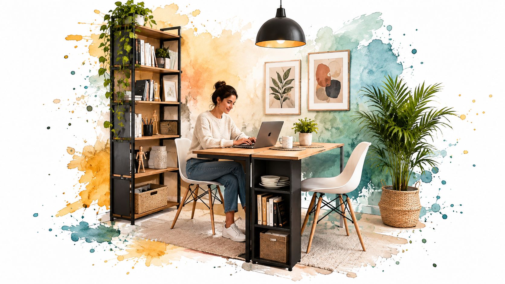 A young woman working on a laptop at a small dining table in a cozy home office.