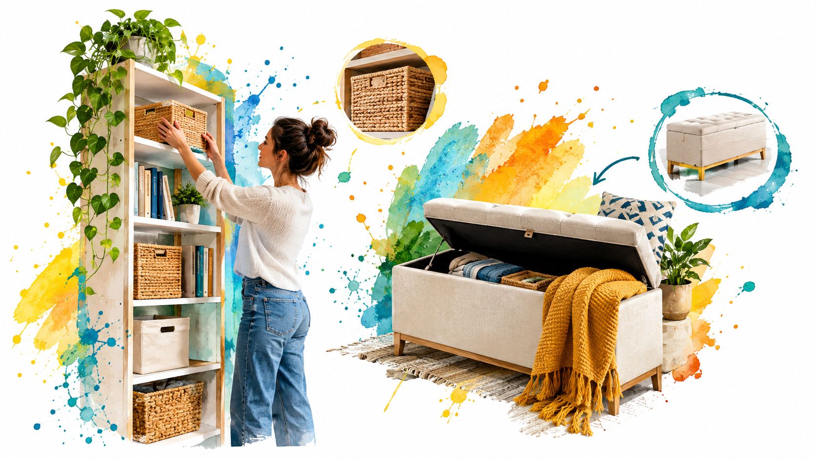 A woman organizes a bookshelf next to a beige storage ottoman in a modern home office space.