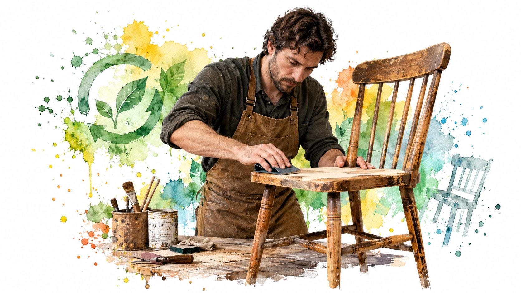 A craftsman wearing an apron sands an old wooden chair to restore and upcycle vintage furniture.