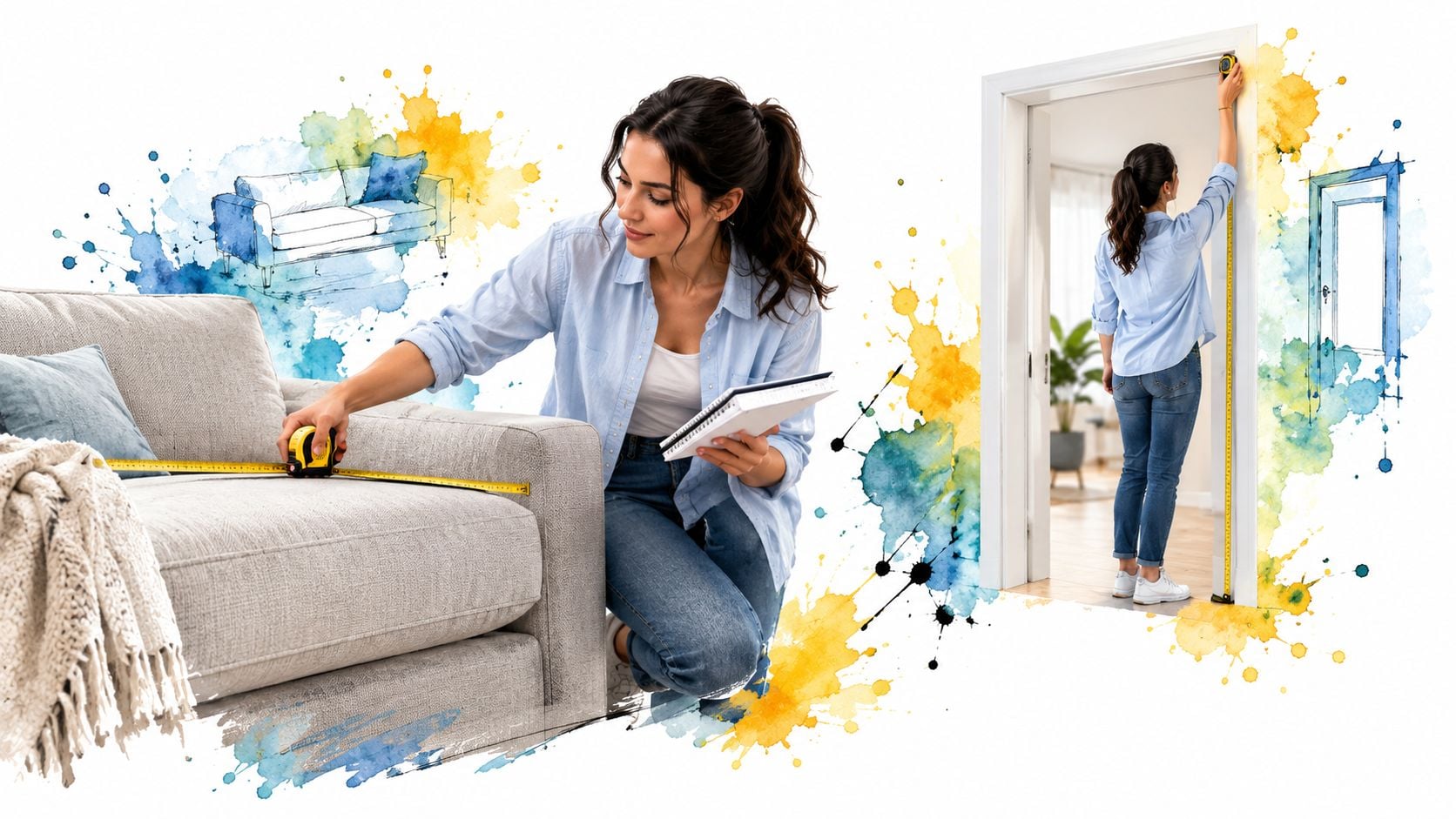 A woman measuring a sofa and a door frame while planning home interior design and furniture placement.