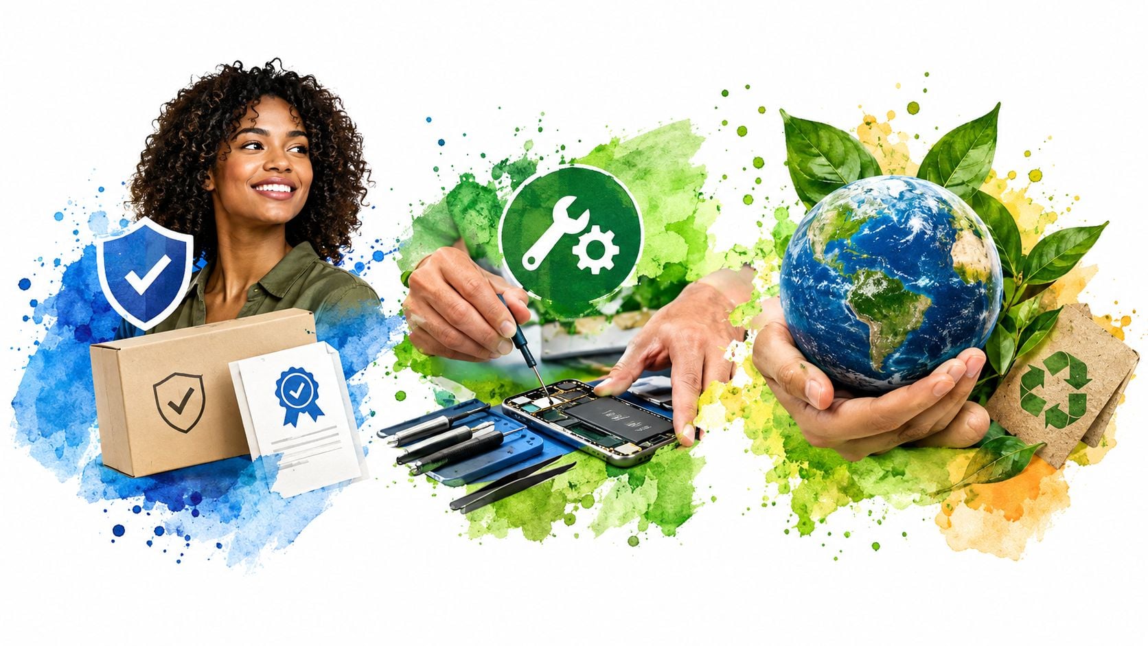 A woman smiling next to a package, a person repairing a smartphone, and hands holding a globe.