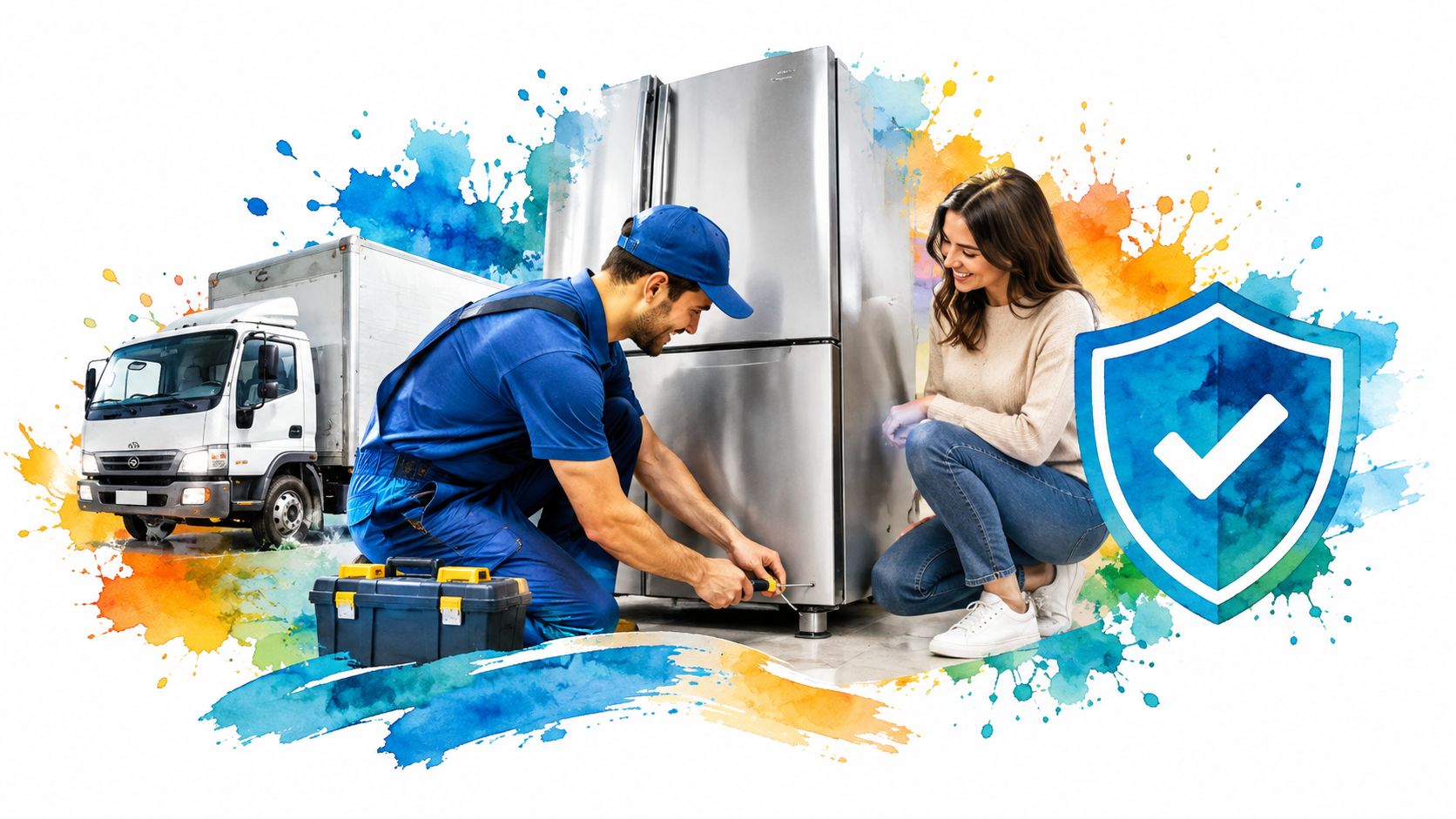 A repairman fixes a refrigerator for a customer, with a delivery truck and a protection shield icon.
