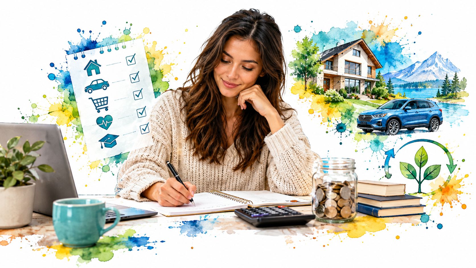 A woman planning her finances with a checklist and savings while thinking about future home and car goals.