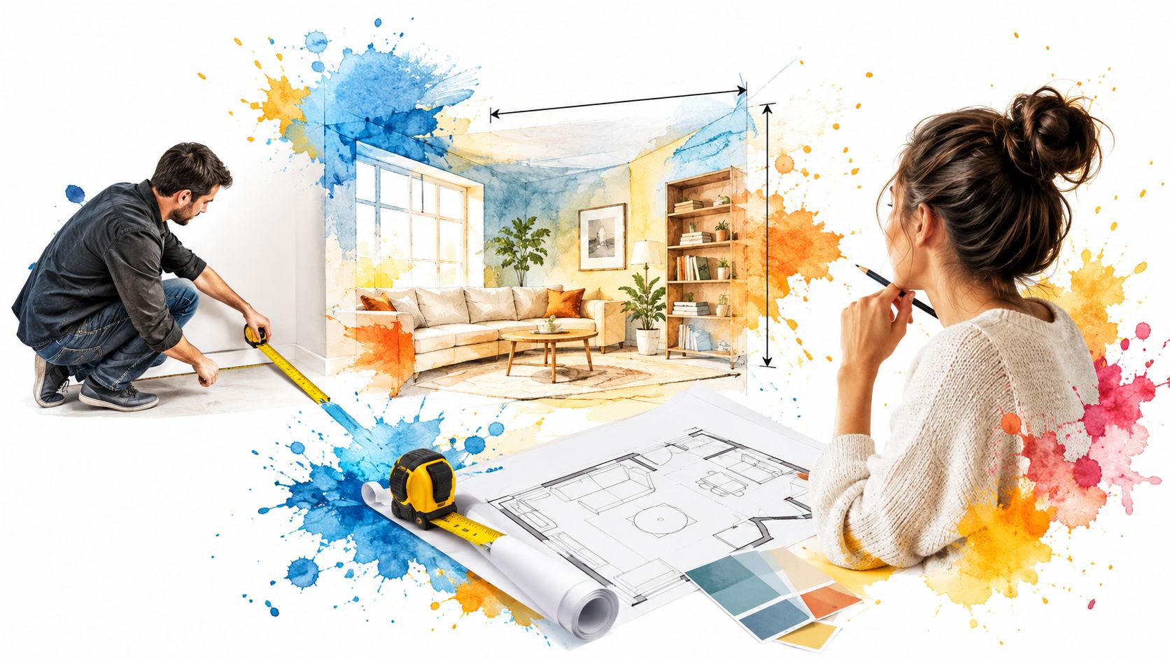 A professional interior designer planning room furniture layouts while a worker measures the space dimensions for renovations.