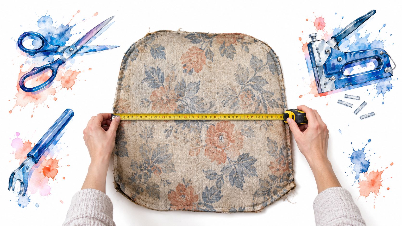 A person measuring a floral fabric cushion seat with a tape measure for upholstery project preparation.
