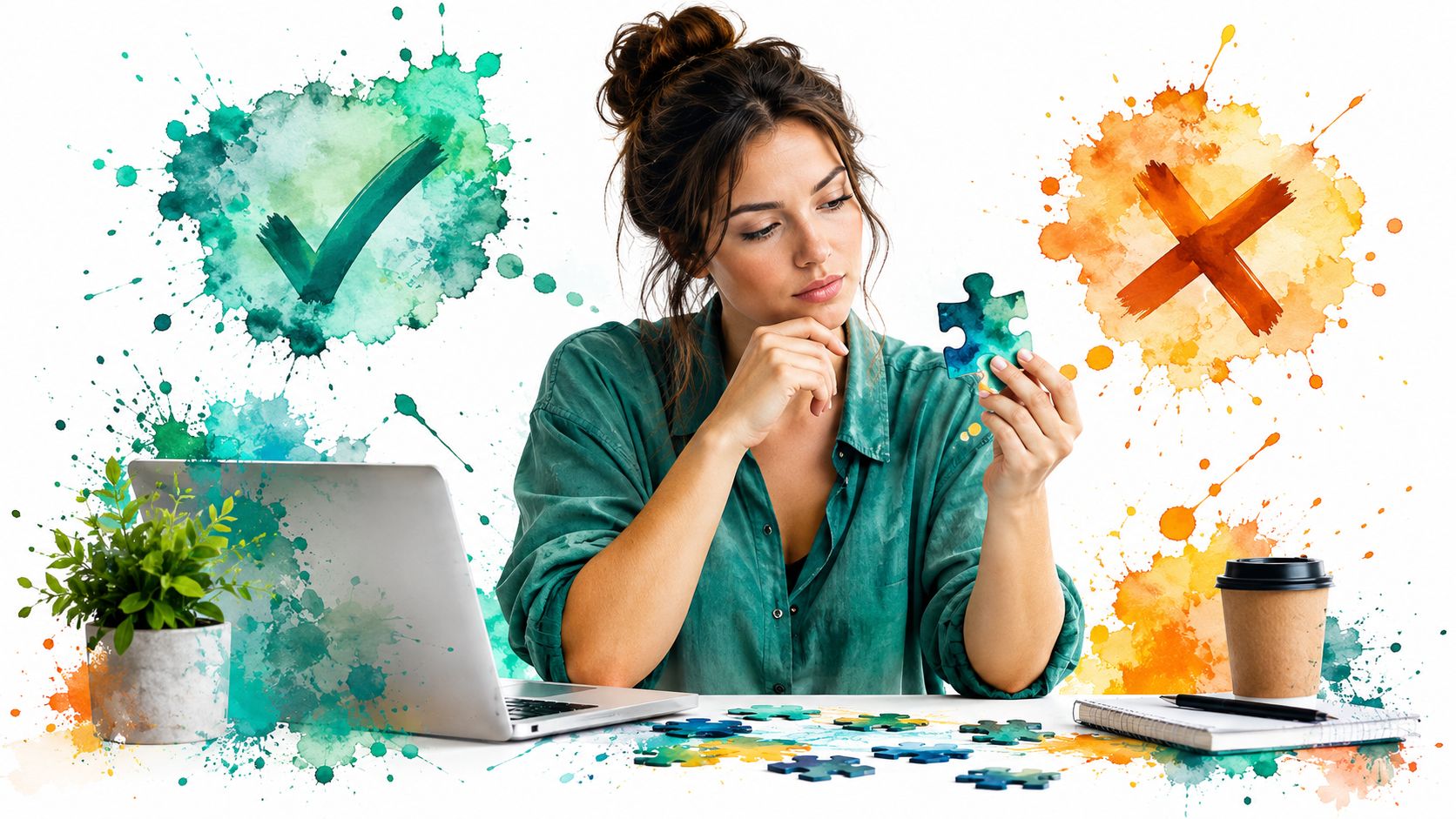 A thoughtful woman sitting at a desk with a laptop, holding a jigsaw puzzle piece, analyzing choices.