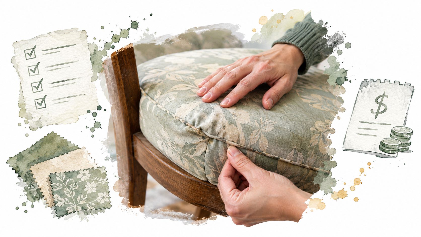 Close up of hands examining the fabric and upholstery of an old vintage wooden chair for repair.