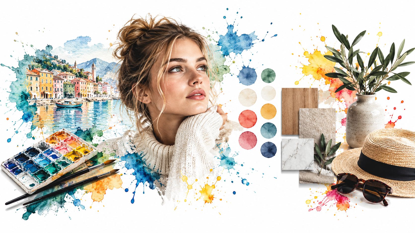 An artist with a watercolor coastal scene, a color palette, and interior design material samples.